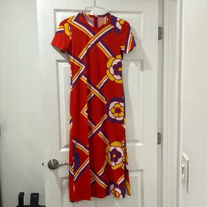 Vintage Vibrant Red and Purple Midi Dress